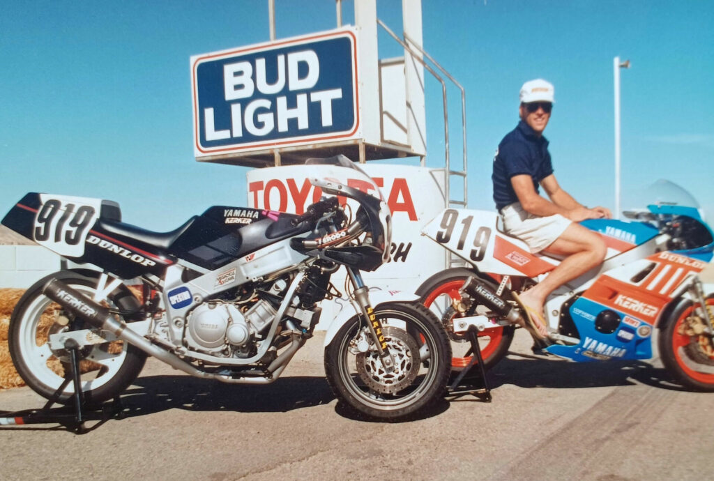 A shot from the way-back machine…Willow Springs 1989 with FZR600 and FZR400 built by Kerker’s Steve Johnson. These good times make the Speedwerks 600 even more precious. Photo courtesy NI Collection.