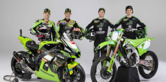 (From left) Alex Lowes, Jonathan Rea, Romain Febvre, and Mitch Evans. Photo courtesy Kawasaki.