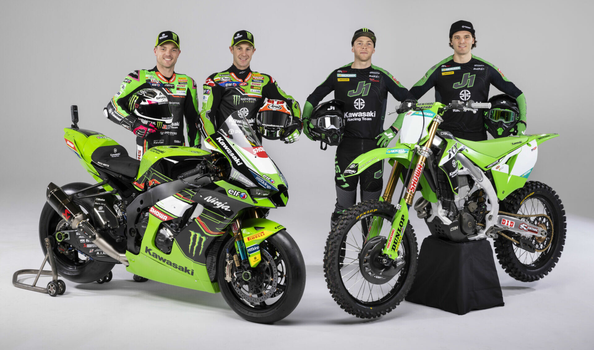 (From left) Alex Lowes, Jonathan Rea, Romain Febvre, and Mitch Evans. Photo courtesy Kawasaki.