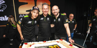 Puccetti Kawasaki Racing Team Manager Manuel Puccetti (center) with riders Tom Sykes (right) and Can Oncu (left). Photo courtesy Kawasaki.