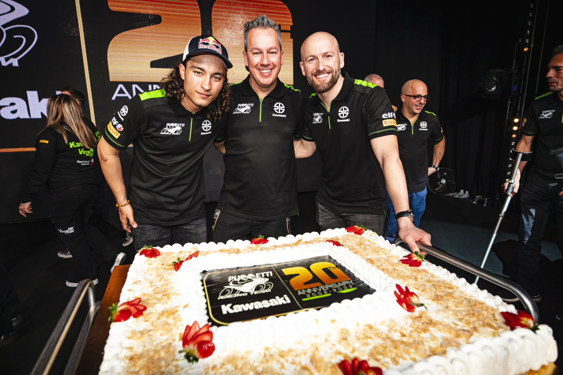 Puccetti Kawasaki Racing Team Manager Manuel Puccetti (center) with riders Tom Sykes (right) and Can Oncu (left). Photo courtesy Kawasaki.