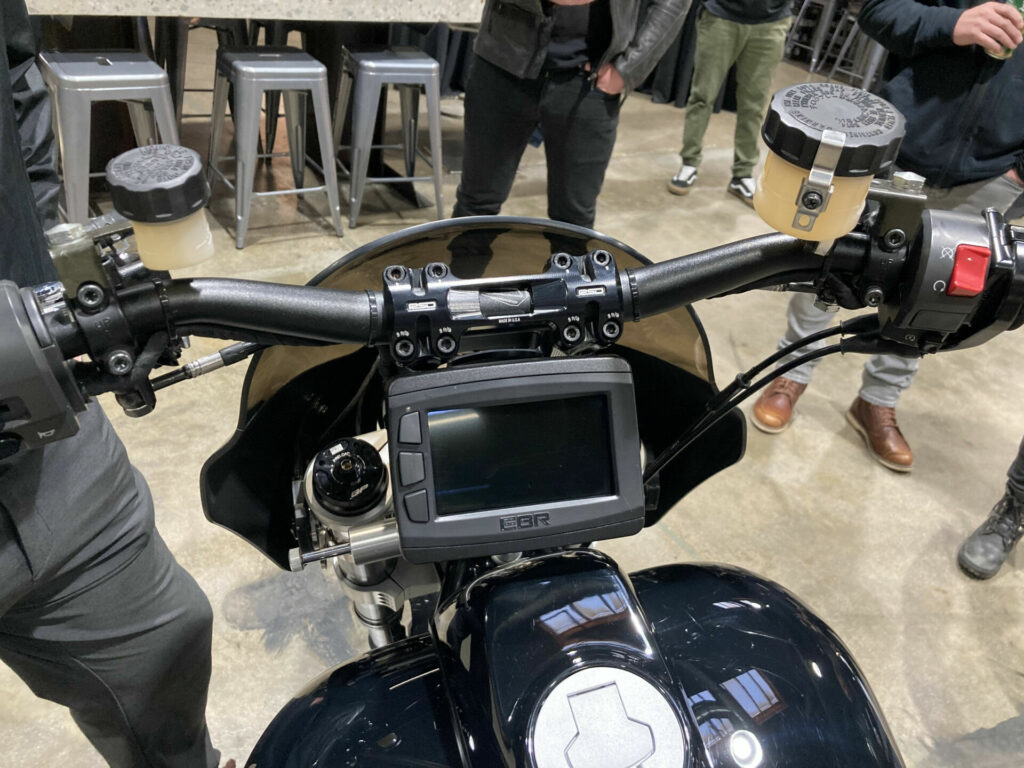 The digital instrument display is tucked under the handlebar on the RSD Buell Super Cruiser. Photo by Michael Gougis.