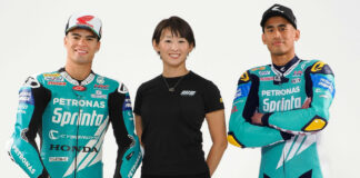 (From left) PETRONAS MIE Honda Racing Team's Eric Granado, Midori Moriwaki, and Hafizh Syahrin. Photo courtesy PETRONAS MIE Honda Racing Team.