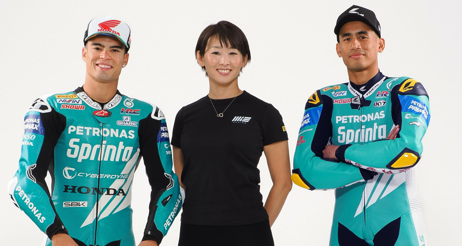 (From left) PETRONAS MIE Honda Racing Team's Eric Granado, Midori Moriwaki, and Hafizh Syahrin. Photo courtesy PETRONAS MIE Honda Racing Team.