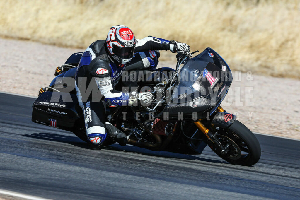 With a 65-inch wheelbase, the Harley-Davidson Bagger needs a lot of lean angle to turn, which requires cornering clearance gained by raising the bike a bunch. Footpegs are 18.8 inches off the pavement and 17.7 inches below the seat. Few riders at Inde could touch down both feet at once, and dragging knees took an effort.