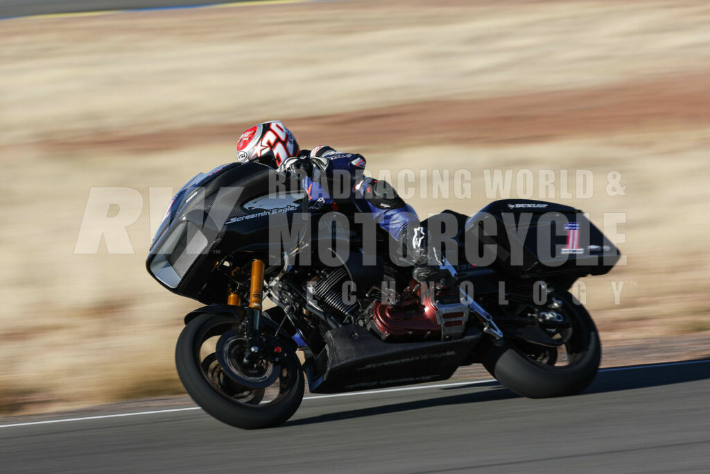 With a 65-inch wheelbase, the Harley-Davidson Bagger needs a lot of lean angle to turn, which requires cornering clearance gained by raising the bike a bunch. Footpegs are 18.8 inches off the pavement and 17.7 inches below the seat. Few riders at Inde could touch down both feet at once, and dragging knees took an effort.