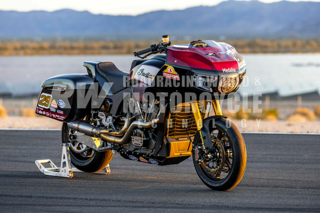 Tyler O'Hara's 2022 MotoAmerica Mission King Of The Baggers Championship-winning Indian Challenger racebike, fitted with Dunlop Q5 trackday tires for this test. Photo by Garth Milan.