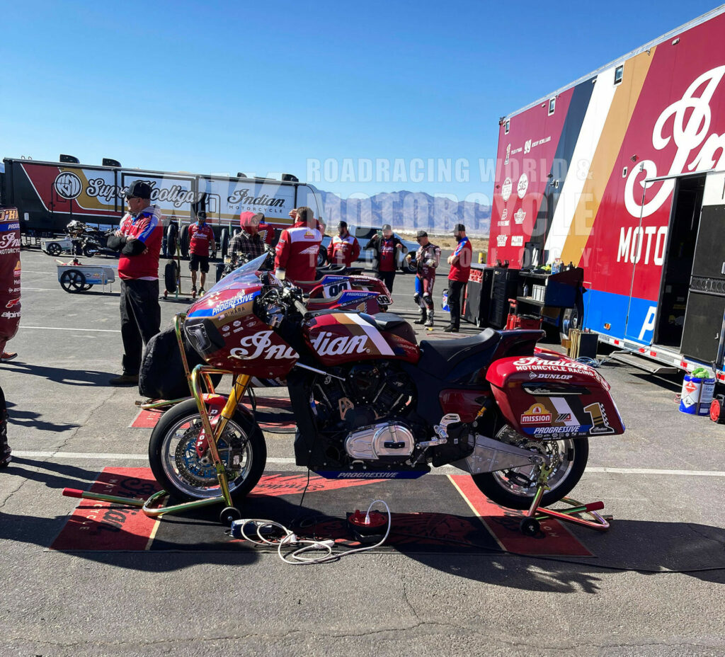 Left side of Tyler O'Hara's 2023 Indian Challenger Bagger at Chuckwalla Valley Raceway. Note the short aluminum swingarm and how far the front wheel is out ahead of the motorcycle. Photo by John Ulrich.