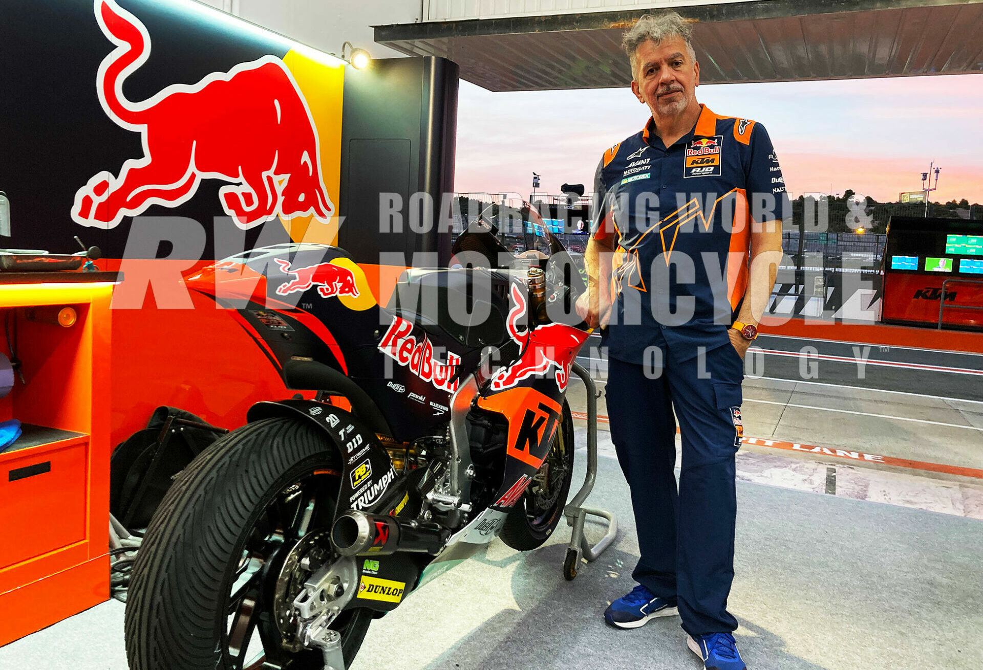 Massimo Branchini, Red Bull KTM Ajo Crew Chief and race engineer for Augusto Fernandez’s Moto2 World Championship, in the garage during the season finale. It was his last race in Moto2 before moving to MotoGP with Johann Zarco.