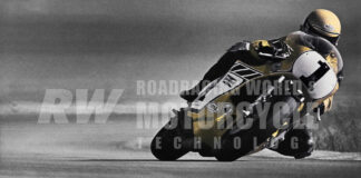 "King Kenny" Roberts leading a 1975 AMA National at the now defunct Ontario Motor Speedway in Ontario, California, riding a two-stroke, four-cylinder Yamaha TZ750 variant. Photo by Mush Emmons.