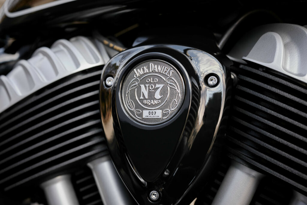 A close-up of the details on a 2023 Jack Daniel’s® Limited Edition Indian Chief Bobber Dark Horse. Photo courtesy Indian Motorcycle.