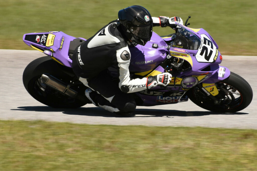 Alex Dumas (23) made steady progress aboard his Purple Skull/Liqui Moly Suzuki, but still finds himself third through pre-season testing. Photo by Colin Fraser, courtesy CSBK.