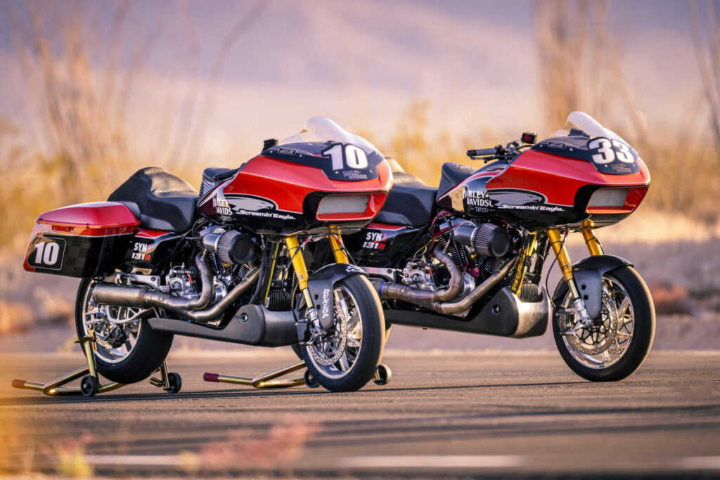 The factory Harley-Davidson Screamin' Eagle Road Glide racebikes of Travis Wyman (10) and Kyle Wyman (33). Photo courtesy Harley-Davidson.