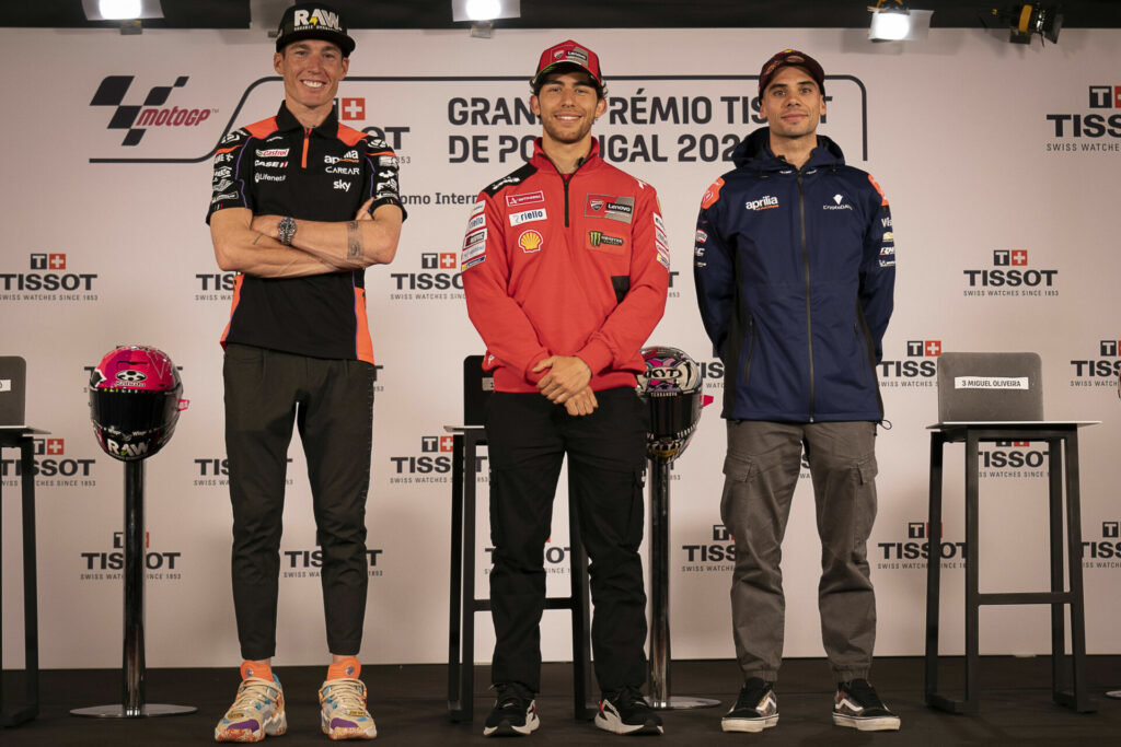 (From left) Aleix Espargaro, Enea Bastianini, and Miguel Oliveira. Photo courtesy Dorna.