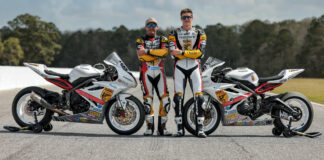 Four-time Daytona 200 winner Danny Eslick (left) and two-time and defending Daytona 200 Champion Brandon Paasch (right) on their TOBC Racing Triumph Street Triple RS racebikes. Photo courtesy Triumph.