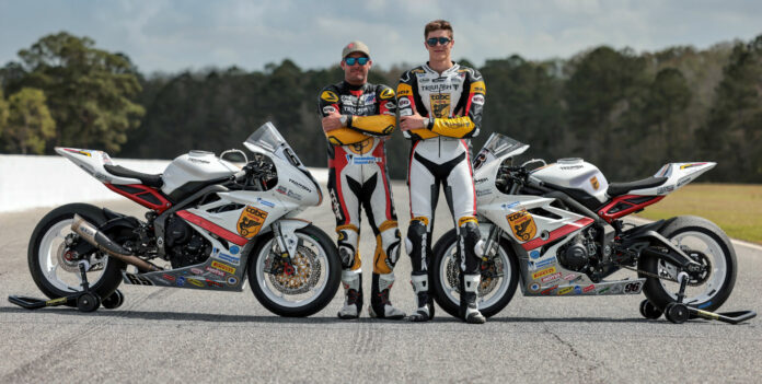 3V5A1018_osp2 Four-time Daytona 200 winner Danny Eslick (left) and two-time and defending Daytona 200 Champion Brandon Paasch (right) on their TOBC Racing Triumph Street Triple RS racebikes. Photo courtesy Triumph.
