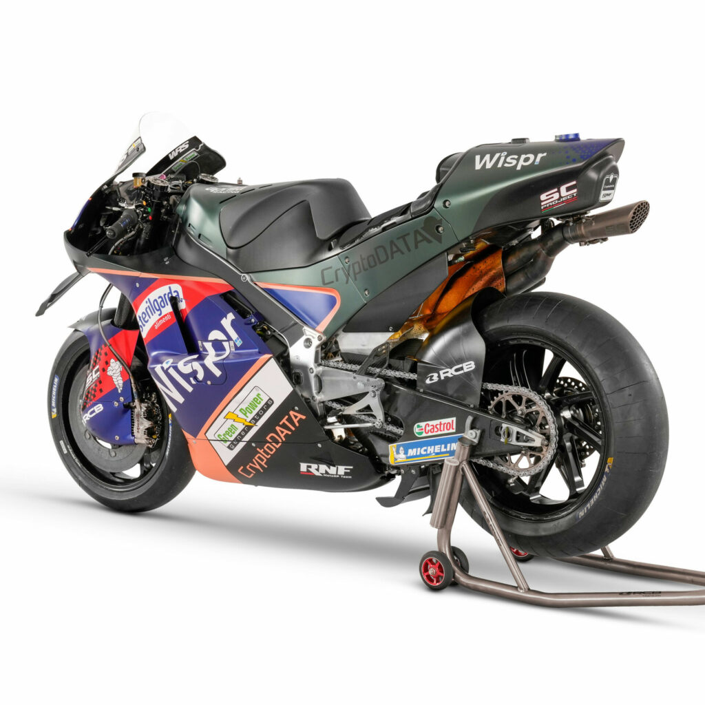 A rear view of a RNF MotoGP Team Aprilia RS-GP racebike. Photo courtesy RNF MotoGP Team.