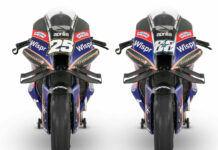 The Aprilia RS-GP MotoGP racebikes of Raul Fernandez (25) and Miguel Oliveira (88). Photo courtesy RNF MotoGP Team.