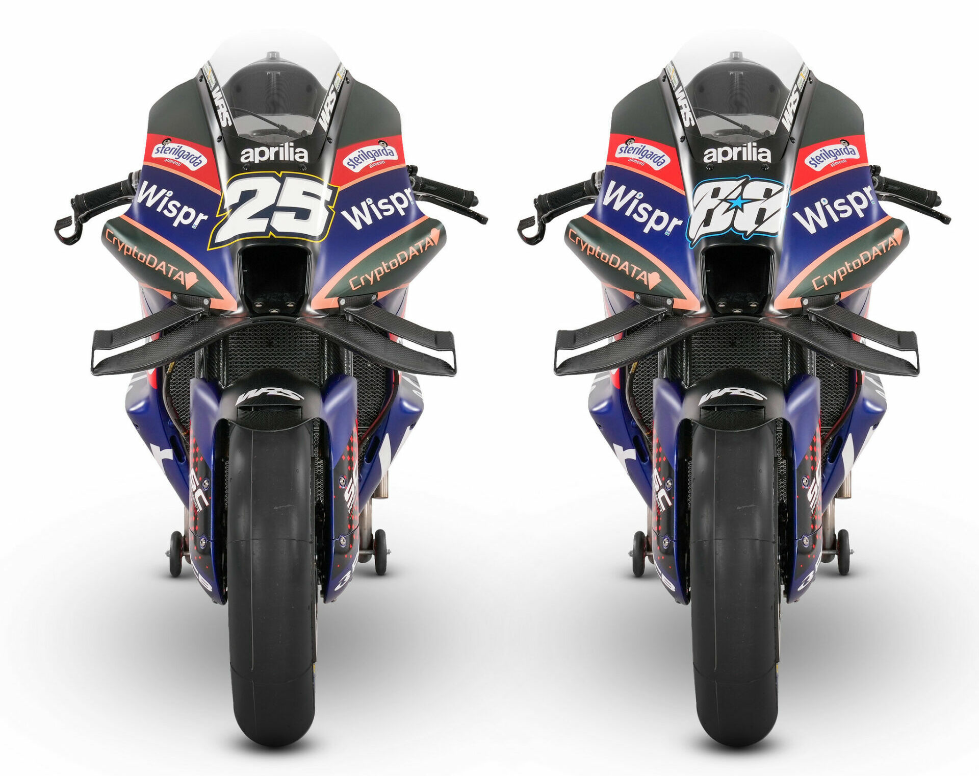 The Aprilia RS-GP MotoGP racebikes of Raul Fernandez (25) and Miguel Oliveira (88). Photo courtesy RNF MotoGP Team.