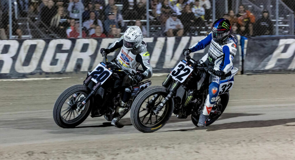 Jarod Vanderkooi (20) and Dallas Daniels (32) battle for the lead in the AFT SuperTwins race at Daytona Short Track II. Photo courtesy AFT.