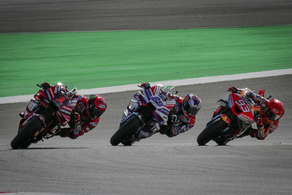 Francesco Bagnaia (1) leading Jorge Martin (89) and Marc Marquez (93) during the Sprint race in Portugal. Photo courtesy Dorna.