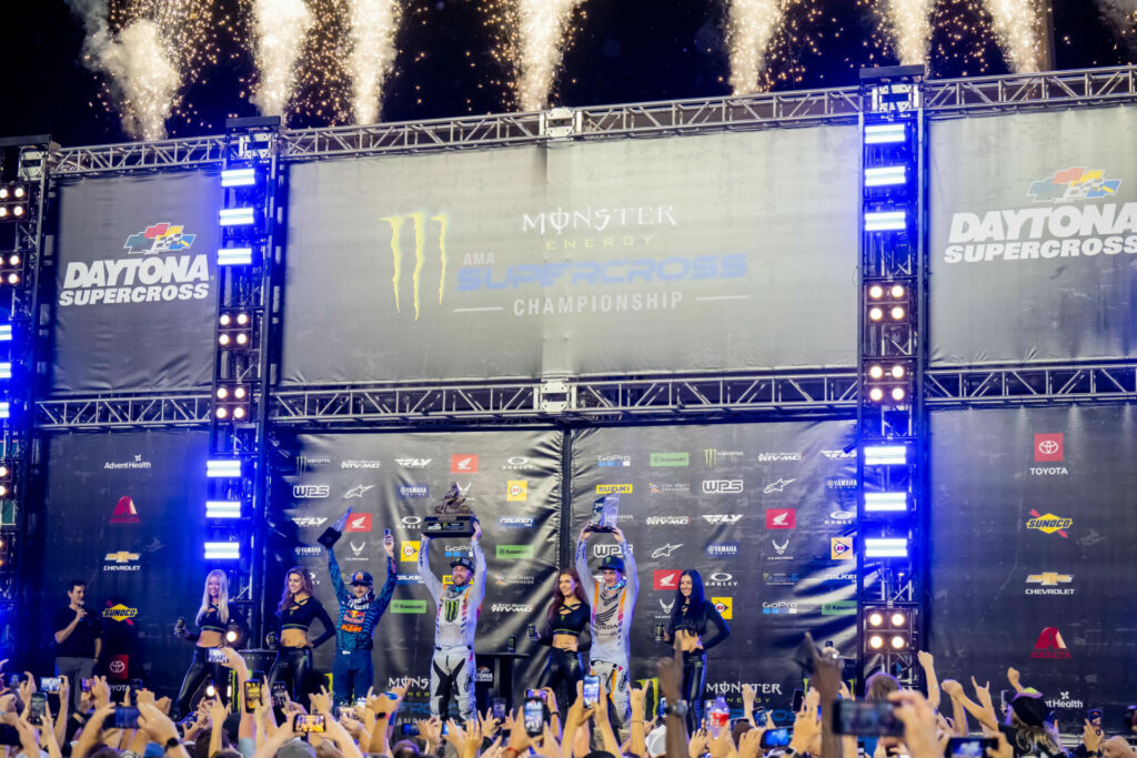 450SX Class podium (racers from left) Cooper Webb, Eli Tomac, and Chase Sexton. Photo courtesy Feld Motor Sports, Inc.