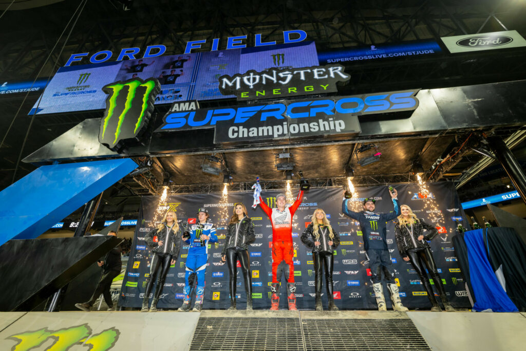 250SX Class podium (racers from left) Haiden Deegan, Hunter Lawrence, and Nate Thrasher. Photo courtesy Feld Motor Sports, Inc.