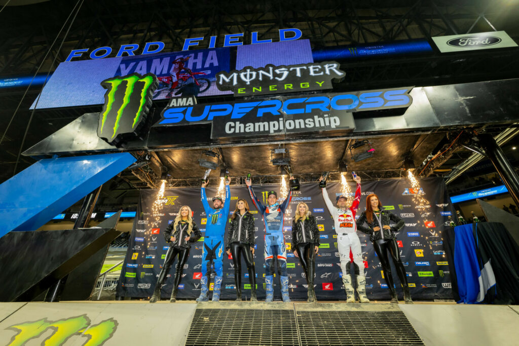 450SX Class podium (racers from left) Eli Tomac, Chase Sexton, and Cooper Webb. Photo courtesy Feld Motor Sports, Inc.