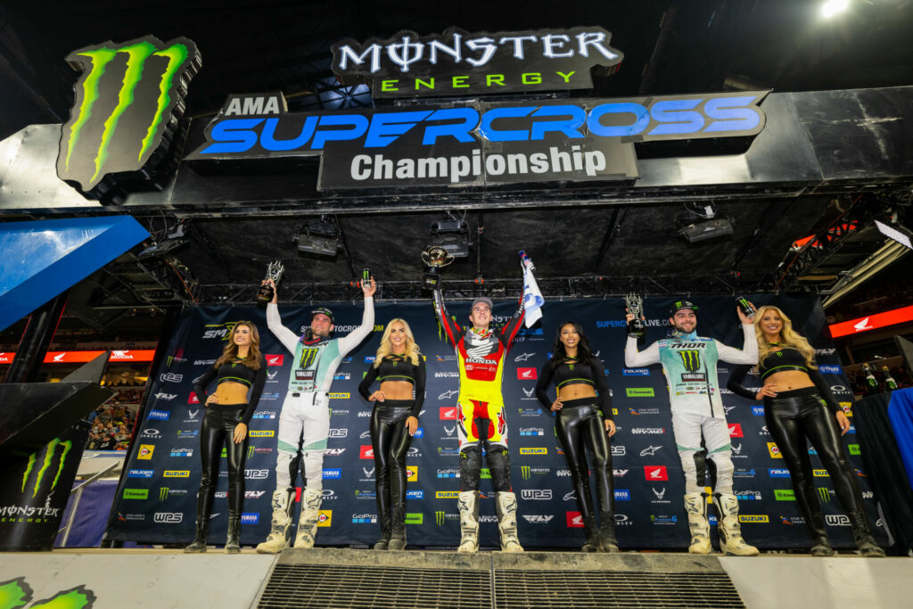 250SX Class podium (racers from left) Nate Thrasher, Hunter Lawrence, and Jordon Smith. Photo courtey Feld Motor Sports, Inc.