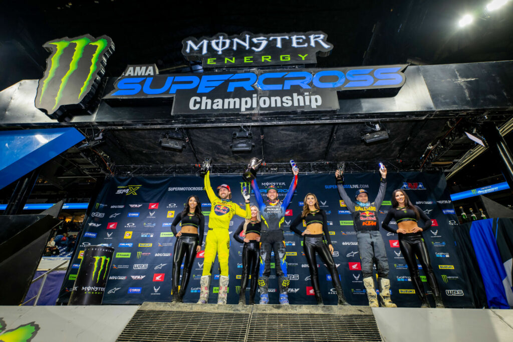 450SX Class podium (racers from left) Justin Barcia, Ken Roczen, and Cooper Webb. Photo courtesy Feld Motor Sports, Inc.