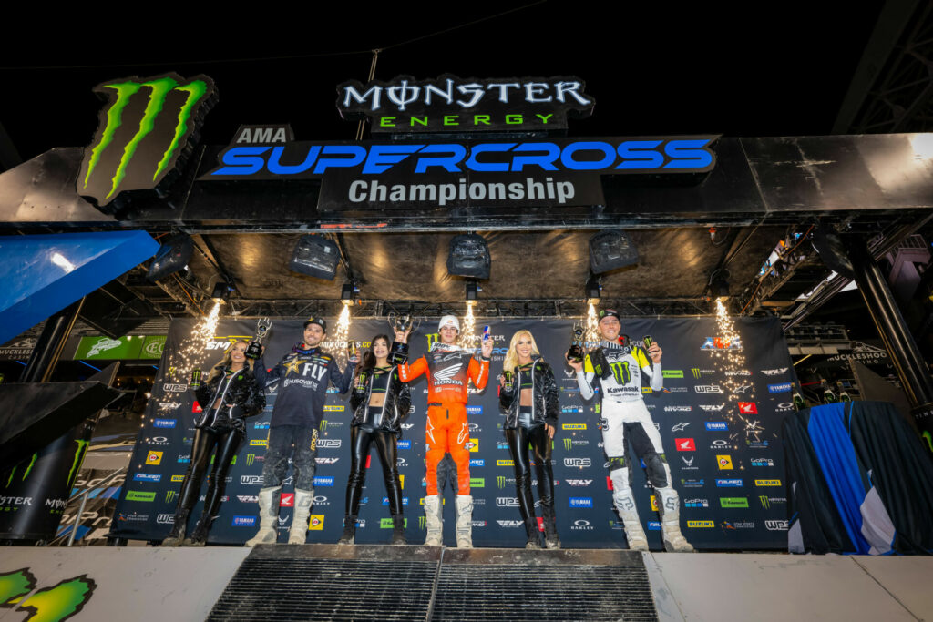 250SX Class podium (racers from left) RJ Hampshire, Jett Lawrence, and Cameron McAdoo. Photo courtesy Feld Motor Sports, Inc.