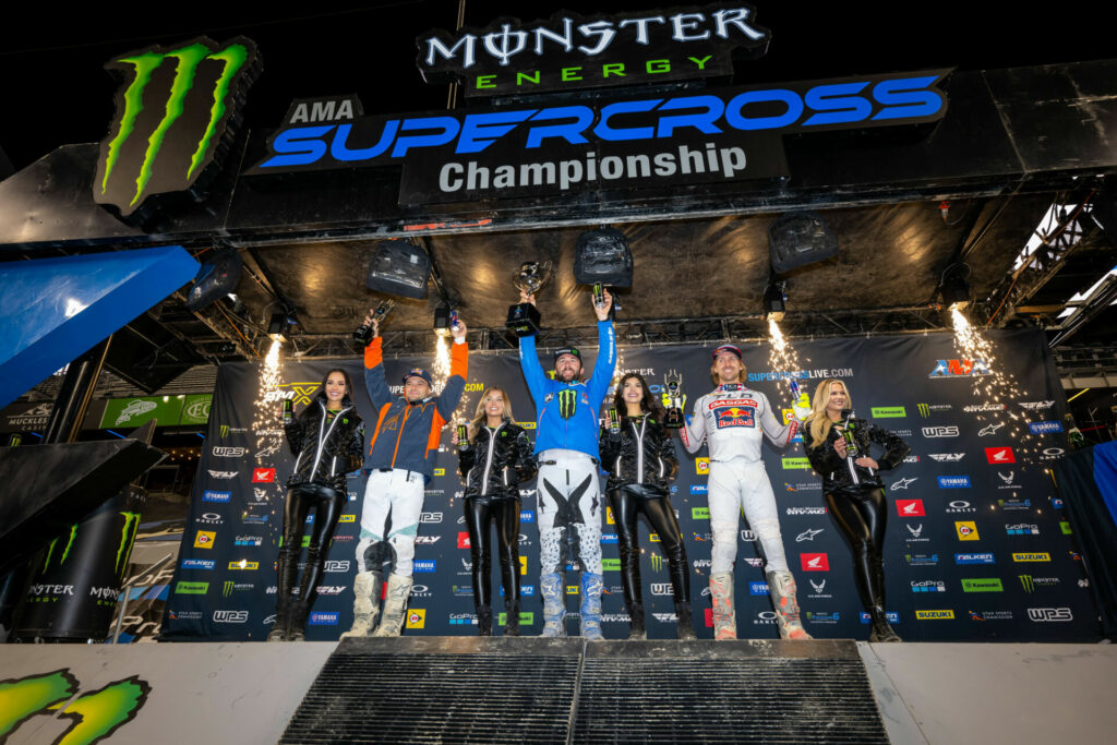 450SX Class podium (racers from left) Cooper Webb, Eli Tomac, and Justin Barcia. Photo courtesy Feld Motor Sports, Inc.