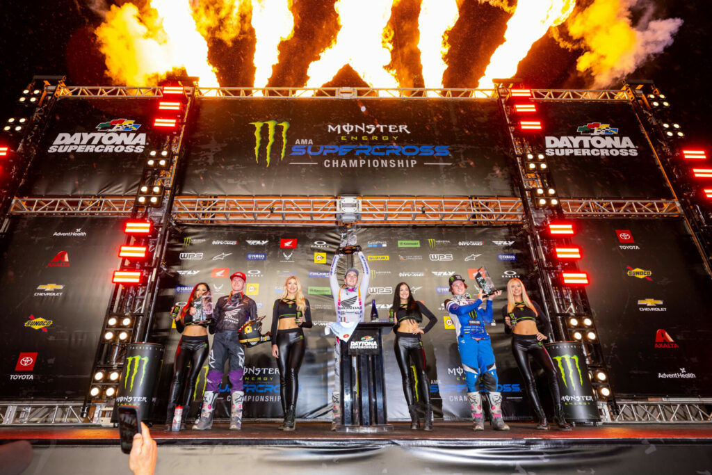 250SX Class podium (racers from left) Max Anstie, Hunter Lawrence, and Haiden Deegan. Photo courtesy Feld Motor Sports, Inc.