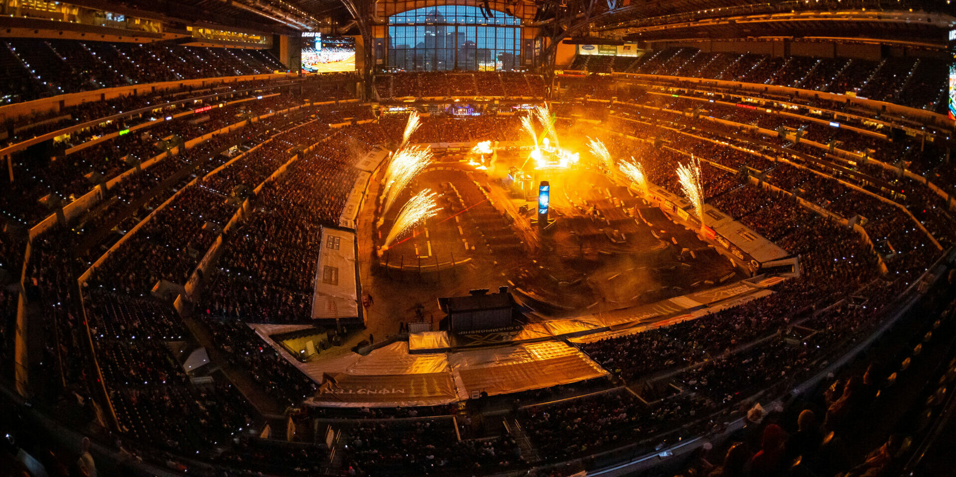 Lucas Oil Stadium lit up during opening ceremonies but the real fireworks took place during the closing minutes of the night's 450SX Class Main Event. Photo courtesy Feld Motor Sports, Inc.