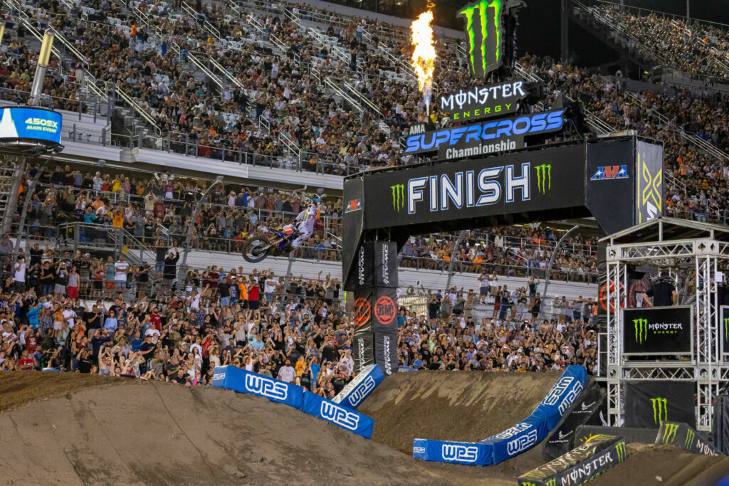 Eli Tomac (1) won the event for the seventh time, extending his record as the King of Daytona Supercross. Photo courtesy Feld Motor Sports, Inc. 