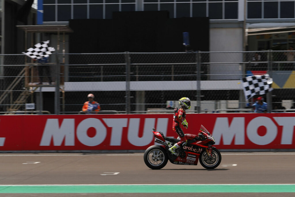 Alvaro Bautista (1) won WorldSBK Race Two in Indonesia. Photo courtesy Dorna.