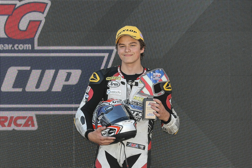 Hayden Bicknese on the MotoAmerica Junior Cup podium at Laguna Seca in 2022. Photo by Brian J. Nelson.