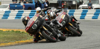 Tyler O'Hara (29) leads Jeremy McWilliams (99), James Rispoli, and Bobby Fong during MotoAmerica Mission King Of The Baggers Race Two at Daytona on 2022. Photo by Brian J. Nelson.