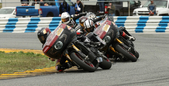 BJN32230_P_CROP Tyler O'Hara (29) leads Jeremy McWilliams (99), James Rispoli, and Bobby Fong during MotoAmerica Mission King Of The Baggers Race Two at Daytona on 2022. Photo by Brian J. Nelson.