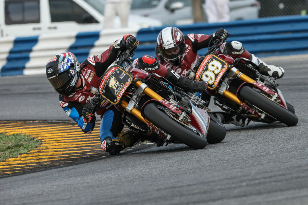 Tyler O'Hara (1) and Jeremy McWilliams (99) on their Progressive/Mission Foods Indian FTR 1200 Super Hooligan racebikes. Photo by Brian J. Nelson, courtesy Indian Motorcycle.