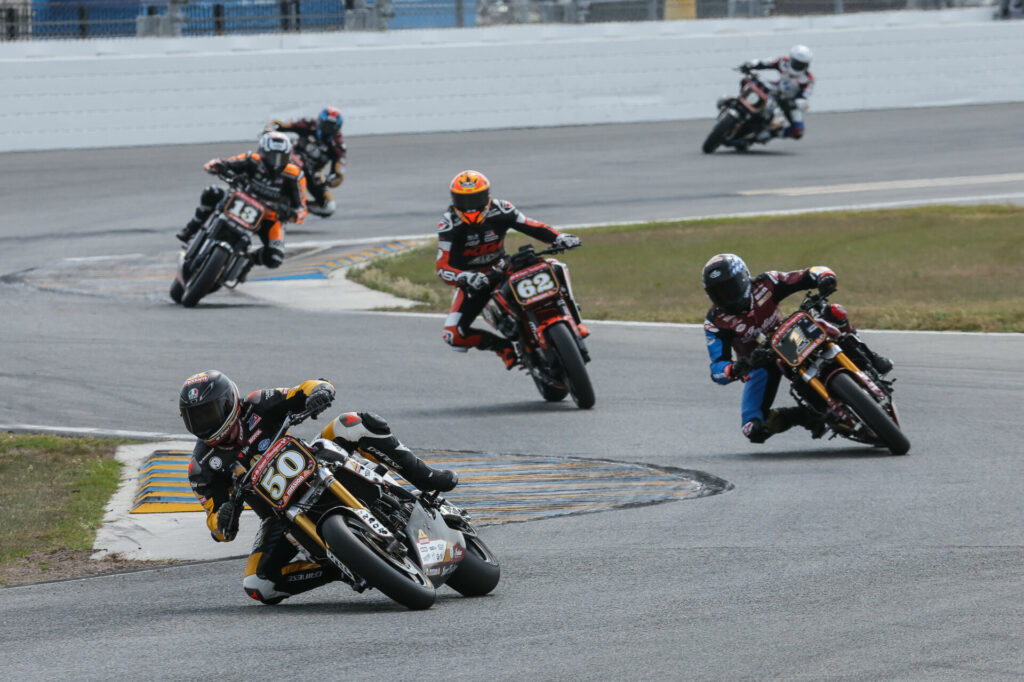 Bobby Fong (50) leads eventual winner Tyler O'Hara (1) in Super Hooligan National Championship Race One on Friday. Photo By Brian J. Nelson, courtesy MotoAmerica.