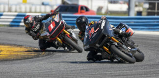 Michael Barnes (34) leads 2021 BRL Bagger GP Champion Shane Narbonne (1) during a race at Daytona International Speedway in October 2022. Photo by Cayla Kaolelopono, courtesy BRL.