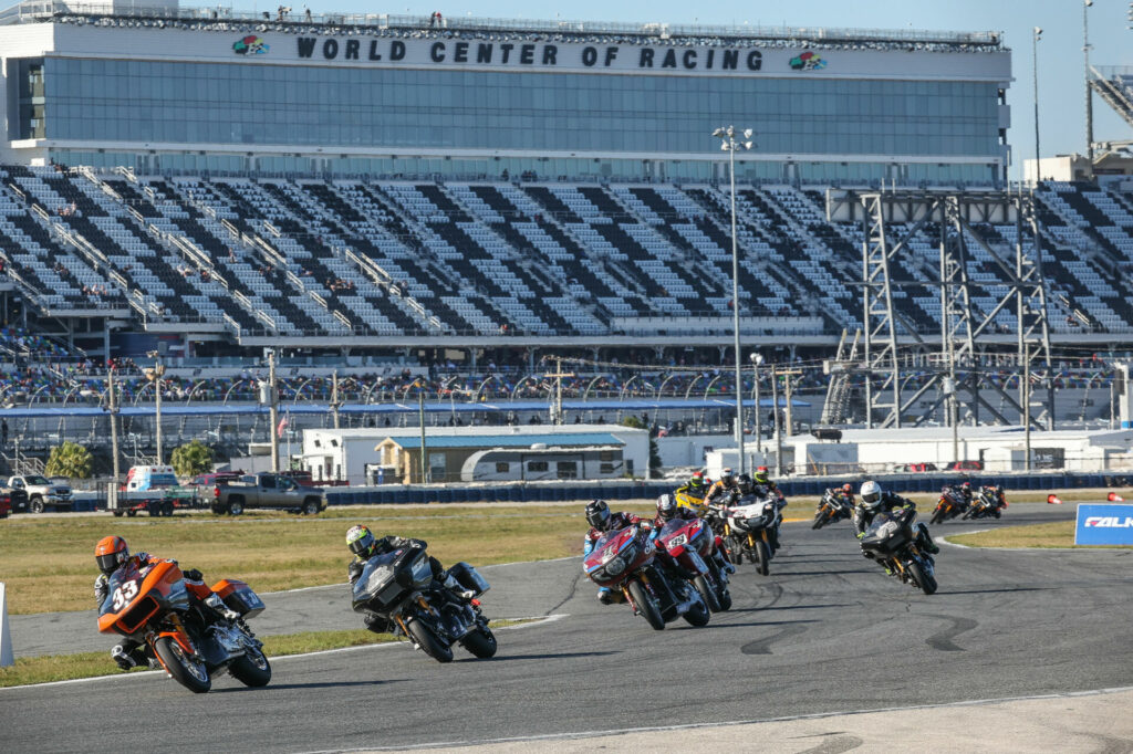Kyle Wyman (33) leads James Rispoli (43), Tyler O'Hara (1), Jeremy McWilliams (99) and Hayden Gillim (79) in the Mission King Of The Baggers race on Saturday at Daytona International Speedway. Photo by Brian J. Nelson, courtesy MotoAmerica.
