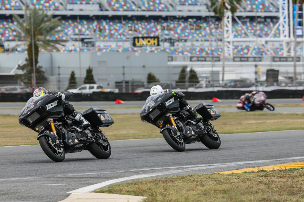 Vance & Hines Harley-Davidson's James Rispoli (43) leads teammate Hayden Gillim (79) with Tyler O'Hara (1) giving chase in the Mission King Of The Baggers race at Daytona International Speedway on Friday. Photo By Brian J. Nelson, courtesy MotoAmerica.