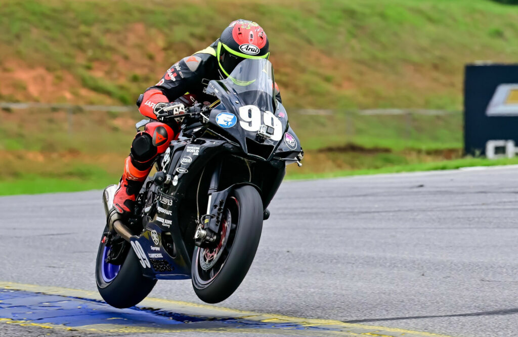 Chris Peris (99) leaping the AOD Yamaha YZF-R1 to victory 20 years later at Road Atlanta. Photo by Raul Jerez/Highside Photo, courtesy Army of Darkness.