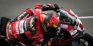 Michael Rinaldi (21) set the pace during WorldSBK practice Friday in Indonesia. Photo courtesy Ducati.