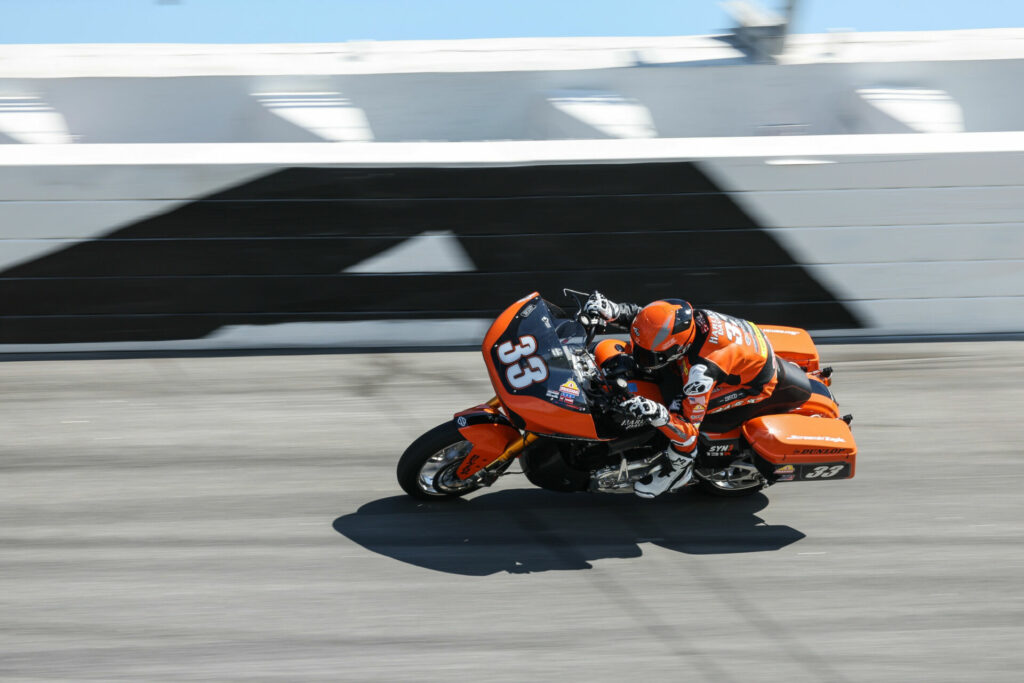 Kyle Wyman (33) and his Harley-Davidson Road Glide on the banking at Daytona International Speedway. Photo by Brian J. Nelson, courtesy Harley-Davidson.