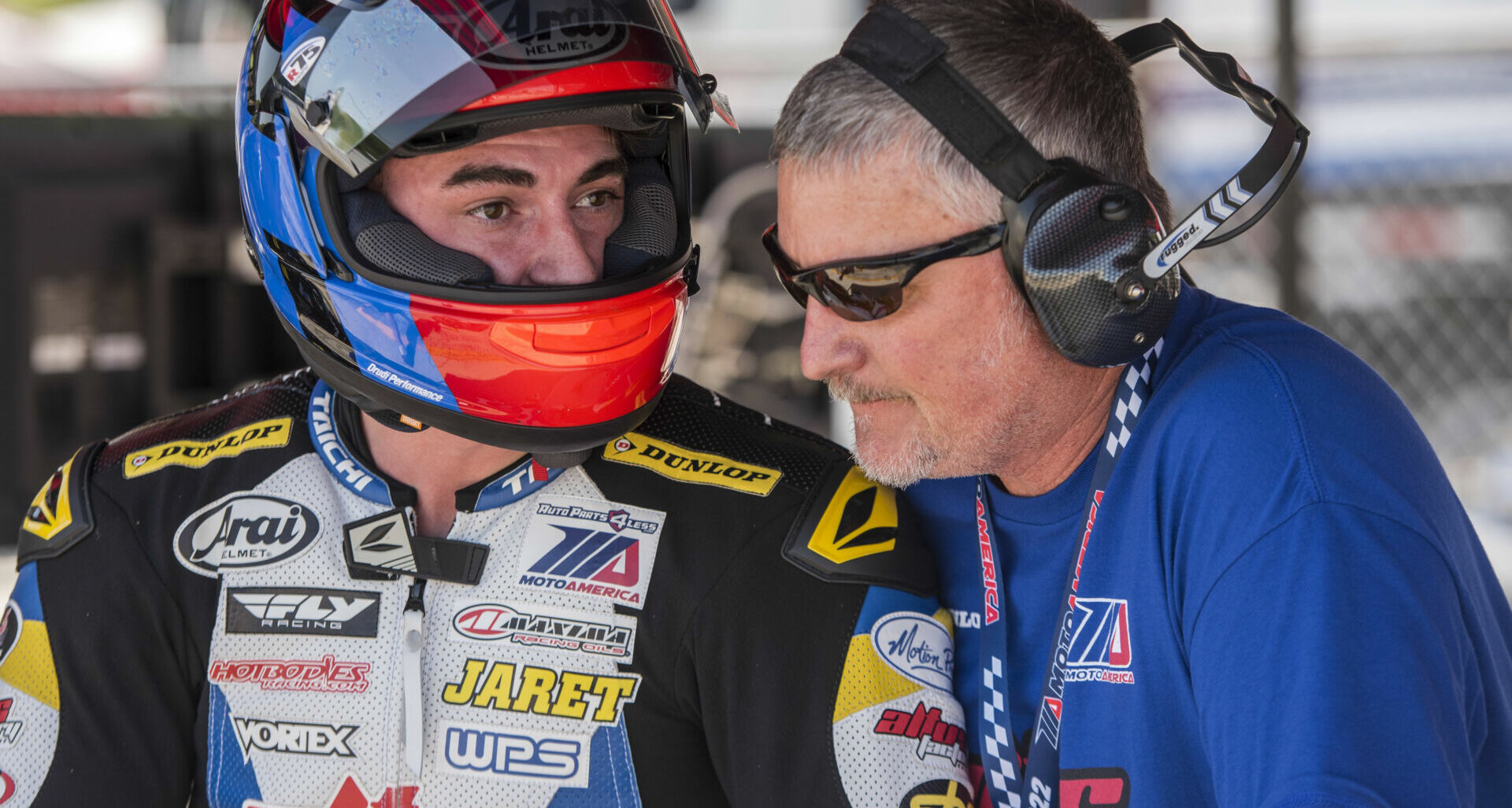 Eric Gray (right) with Jaret Nassaney (left) during the MotoAmerica event at Road Atlanta in 2022. Photo by Brian J. Nelson.