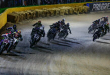 JD Beach (95) leads Jared Mees (1) and the rest of the AFT SuperTwins field at the Senoia Short Track. Photo by Scott Hunter, courtesy AFT.