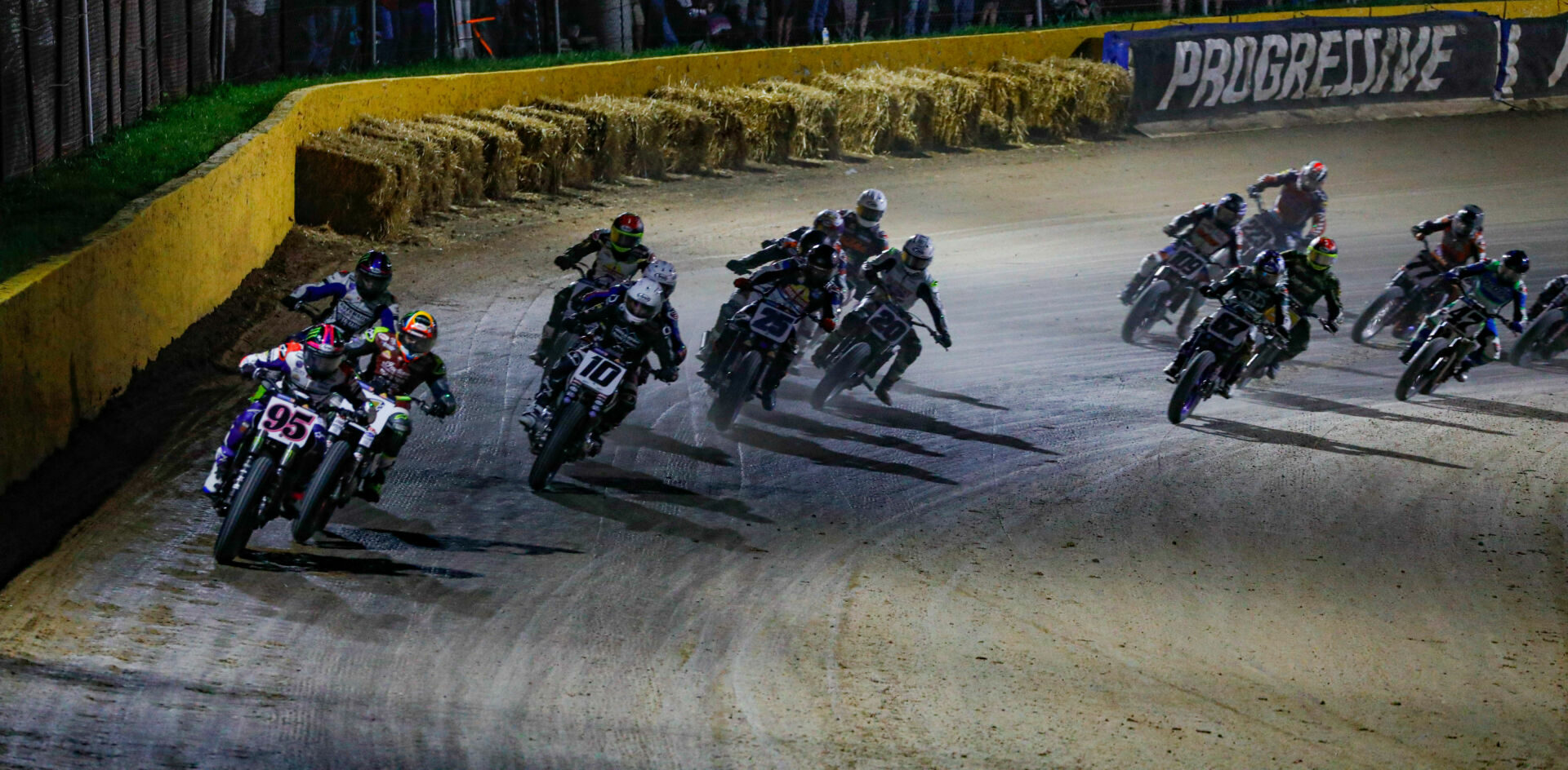 JD Beach (95) leads Jared Mees (1) and the rest of the AFT SuperTwins field at the Senoia Short Track. Photo by Scott Hunter, courtesy AFT.